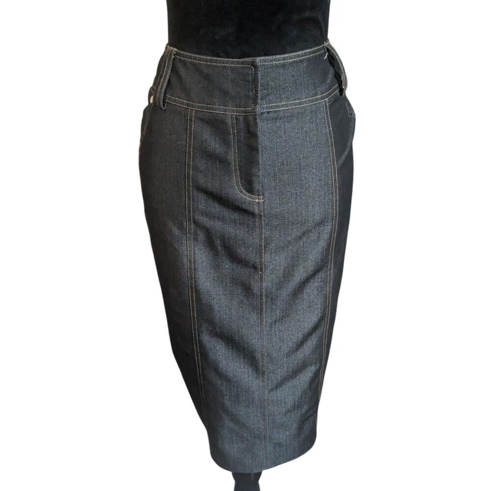 CACHE CONTOUR Dark Wash Denim Midi Pencil Skirt Size 12 Vintage 90s